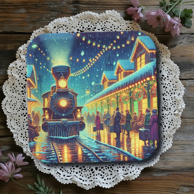 Plato De Papel Tren de época en una noche de nieve (Subido por el creador)