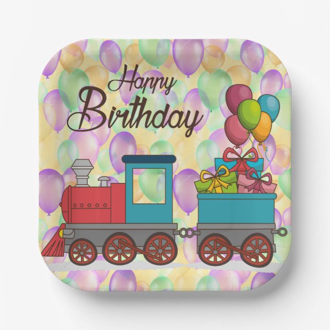 Plato De Papel Tren de globos de cumpleaños festivo (Anverso)