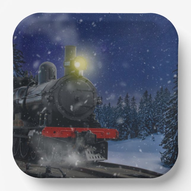 Plato De Papel Tren de Navidad en la nieve (Anverso)