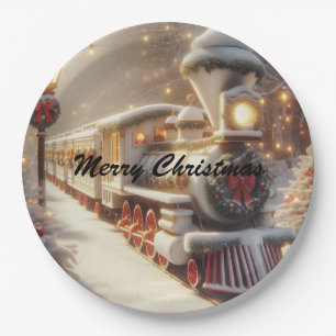 Plato De Papel Tren mágico de Navidades de invierno en Wonderland