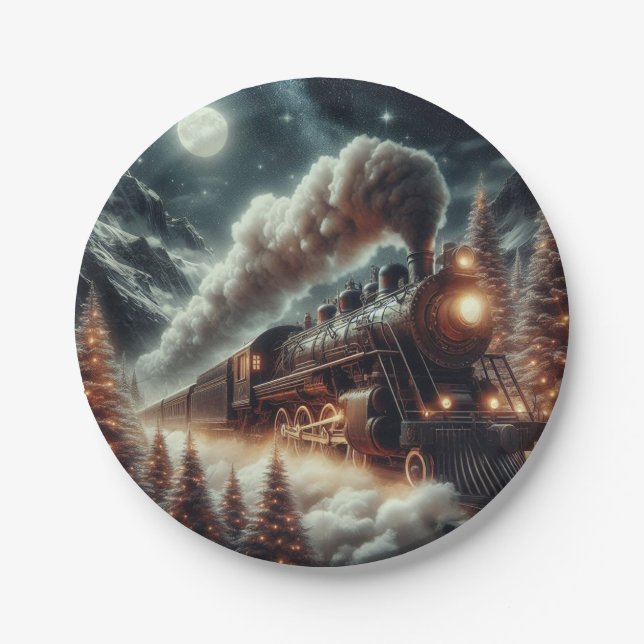 Plato De Papel Tren nocturno de invierno/Navidades (Anverso)