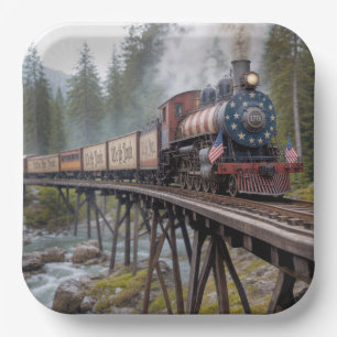 Plato De Papel Tren Patriótico Americano Antiguo en una Trestle