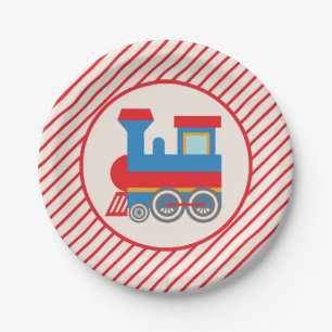 Plato De Papel Tren retro rojo y azul