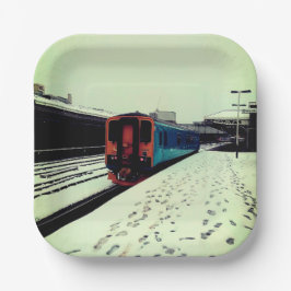 Plato De Papel Tren turquesa y amarillo