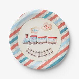 Plato De Papel Tren Vintage Chugga Choo Niño Azul Rojo Cumpleaños