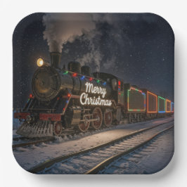 Plato De Papel Tren Vintage Merry Christmas en la nieve