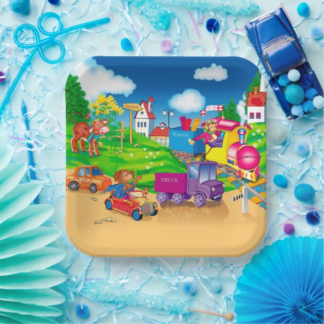 Plato De Papel tren y coche (Fiesta)