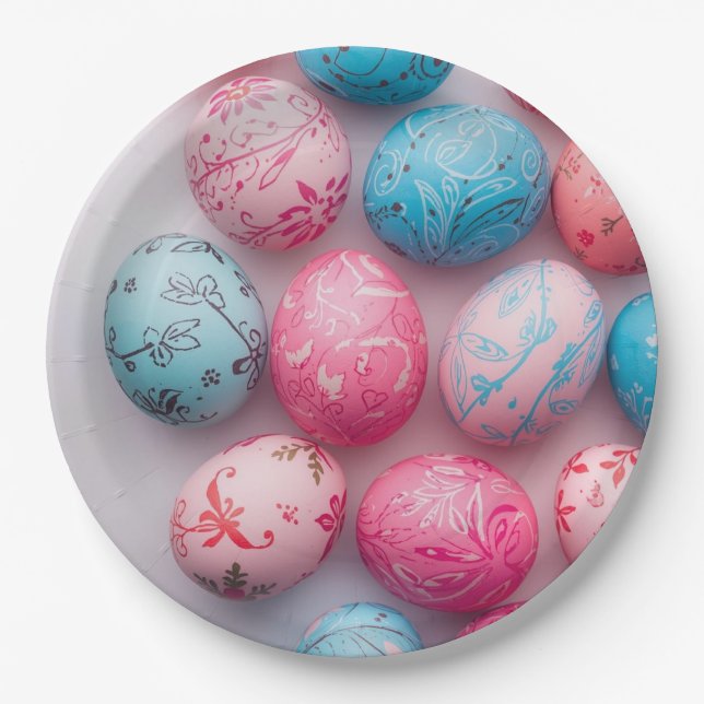 Plato De Papel Trendy Blue and Pink Easter Eggs Pattern Paper  (Anverso)