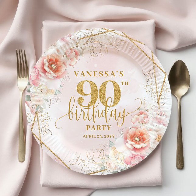 Plato De Papel Trendy Blush Pink Floral Gold 90th Birthday  (Trendy Blush Pink Floral Gold 90th Birthday Plate)