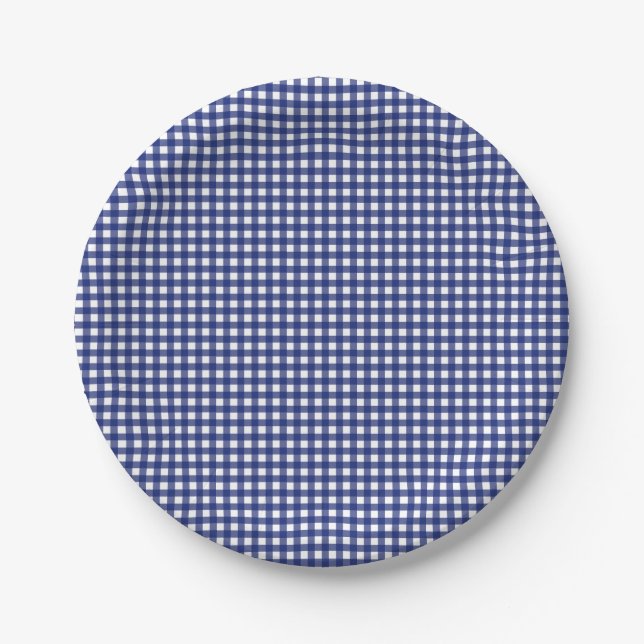 Plato De Papel trendy de gingham azul (Anverso)