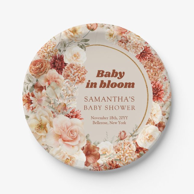 Plato De Papel Trendy groovy terracota blush otoño Baby Shower (Anverso)