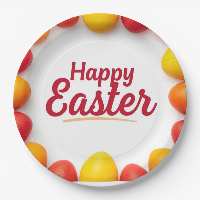 Plato De Papel Trendy Orange & Yellow Easter Eggs Pattern Paper  (Anverso)