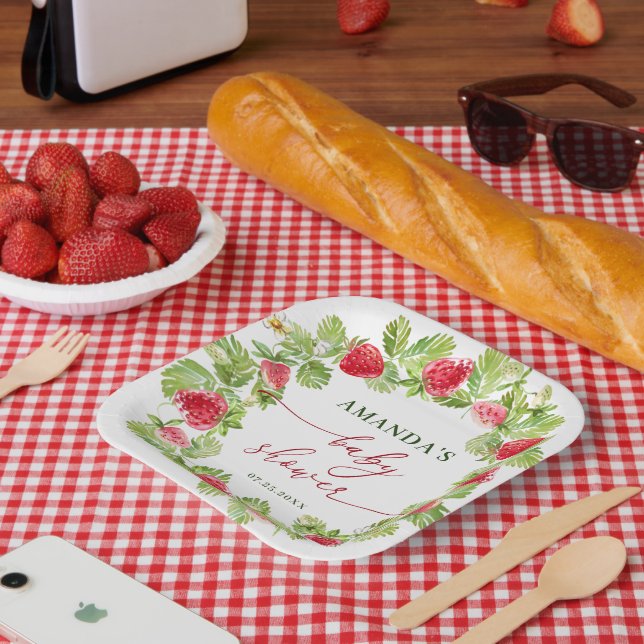 Plato De Papel Trendy Watercolor Meadow Strawberry Baby Shower (Picnic)