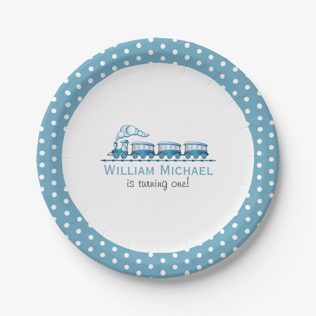 Plato De Papel Trenes Blue Boy First Birthday (Anverso)