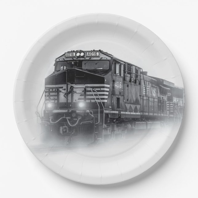Plato De Papel Trenes en blanco y negro (Anverso)