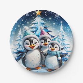 Plato De Papel Tres adorables pingüinos