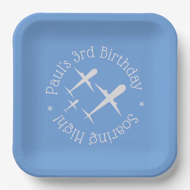 Plato De Papel Tres aviones en Blue Elegant Fun, personalizado (Anverso)
