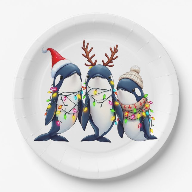 Plato De Papel Tres ballenas llevando Navidades Santa Hat (Anverso)