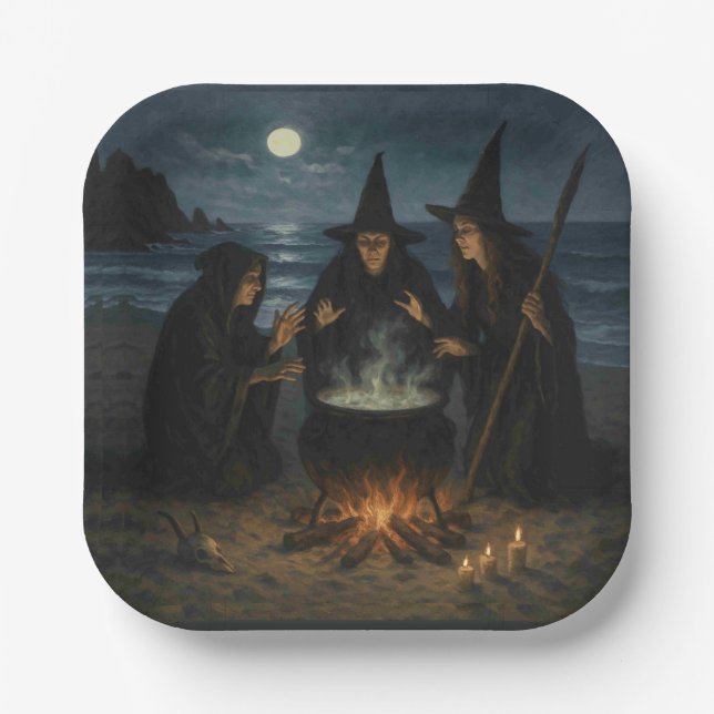 Plato De Papel Tres brujas producen Cauldron Full Moon Beach (Anverso)