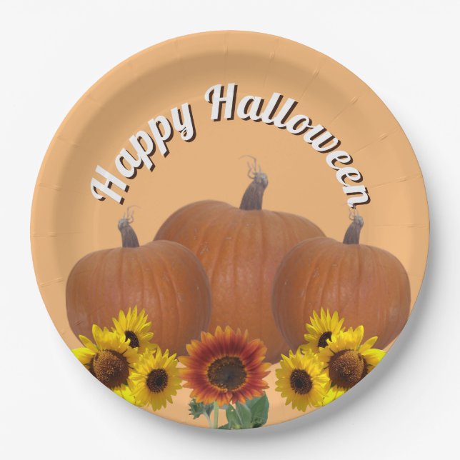 Plato De Papel Tres calabazas Naranjas con Sunflowers Halloween (Anverso)