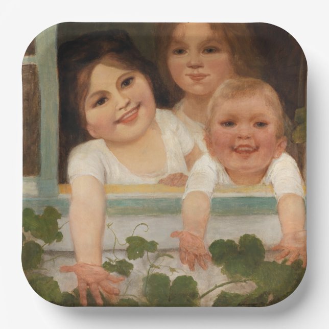 Plato De Papel Tres hijos en la ventana (Anverso)
