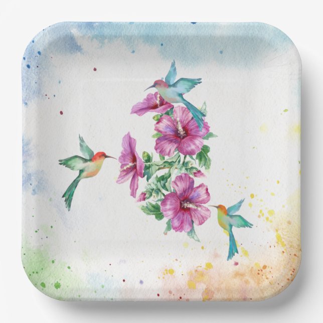 Plato De Papel Tres Hummingbirds Placa de papel acuático (Anverso)