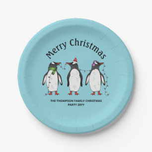 Plato De Papel Tres pingüinos navideños festivos con texto person