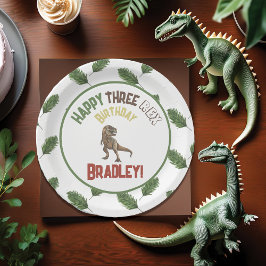 Plato De Papel Tres Rex Cumpleaños Dinosaurio Acuarela