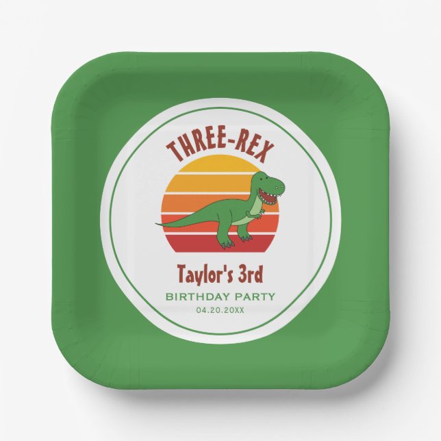 Plato De Papel Tres Rex Dinosaurio Género Diversión Neutral Terce (Anverso)