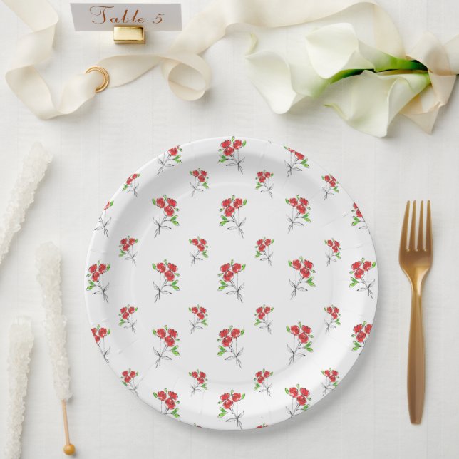 Plato De Papel Tres Rosas Rojas Bouquet | Placas de papel redondo (Boda)