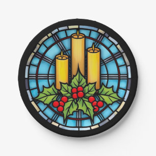 Plato De Papel Tres Velas Con Navidades Holly Vidrio Manchado