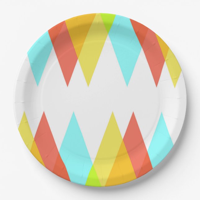Plato De Papel Triángulos amarillos, rojos y azules cadetes (Anverso)