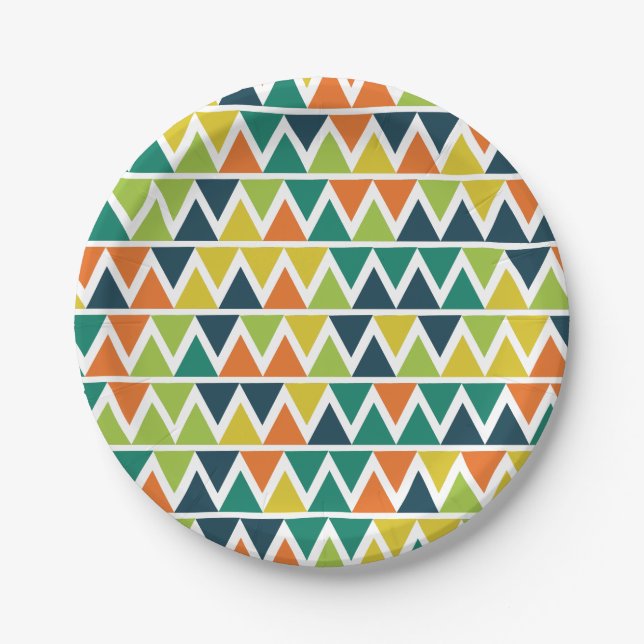 Plato De Papel Triángulos Líneas Naranja Verde Amarillo (Anverso)