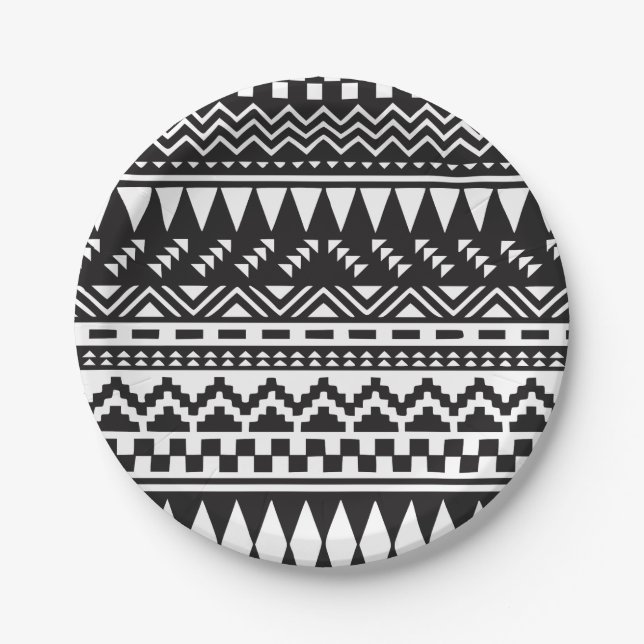 Plato De Papel Tribal azteca blanco y negro (Anverso)