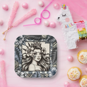 Plato De Papel Tribal floral azul Princesa Polinesia