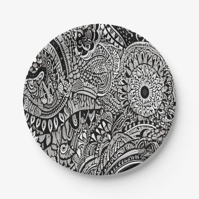 Plato De Papel tribal negro y blanco (Anverso)