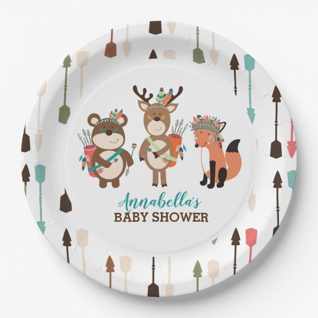 Plato De Papel Tribal Woodland Animals Boho Arrow Paper Plate (Anverso)