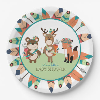 Plato De Papel Tribal Woodland Animals Boho Feather Paper Plate