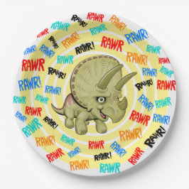 Plato De Papel Triceratops dice "¡Rawr!"