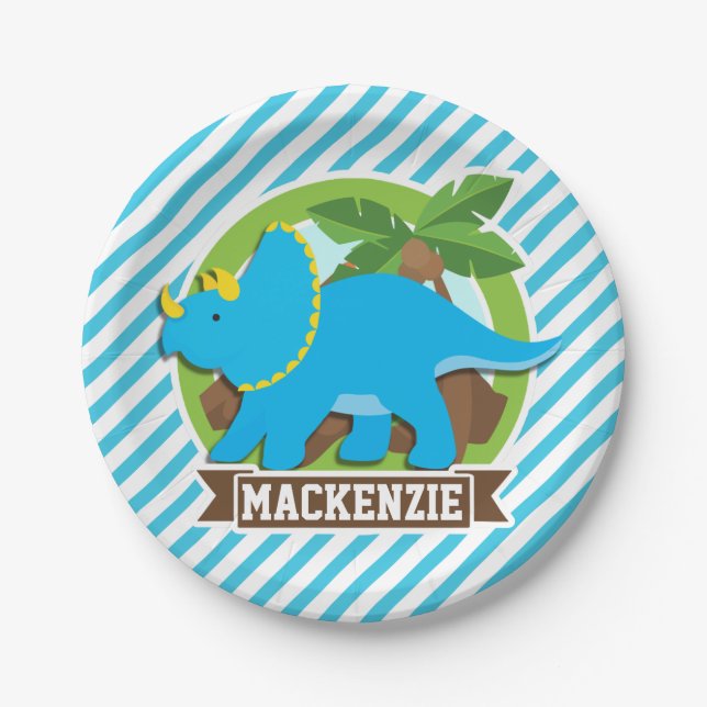 Plato De Papel Triceratops Dinosaur; Sky Blue & White Strips (Anverso)