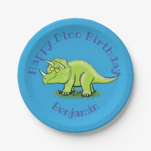 Plato De Papel Triceratops feliz personalizado de dinosaurios