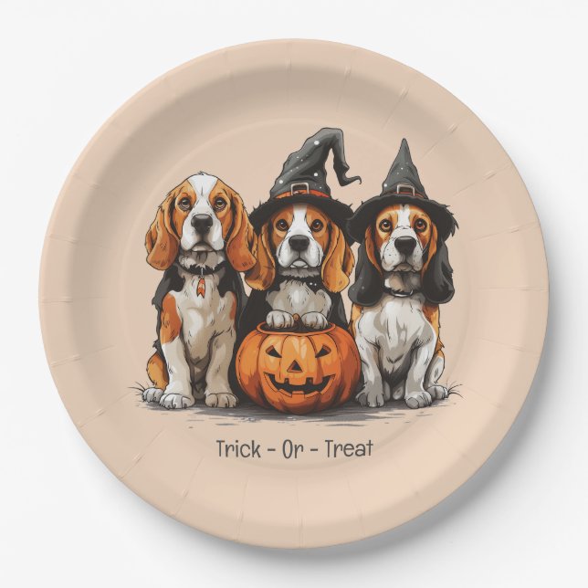 Plato De Papel Trick O Treat Halloween Beagle Dogs (Anverso)