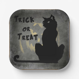 Plato De Papel Trick o Trek Black Cat Halloween Plate de papel