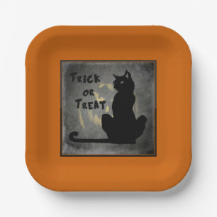 Plato De Papel Trick o Trek Black Cat Halloween Plate de papel