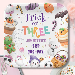 Plato De Papel ¡Trick o Tres! Tercer cumpleaños de Cute Purple Ha