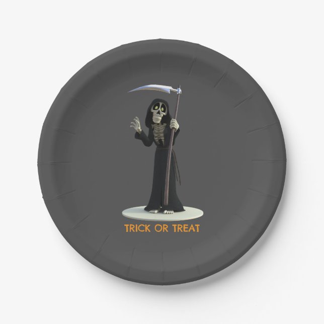 Plato De Papel Trick or Treat. Cartoon Grim Reaper (Anverso)