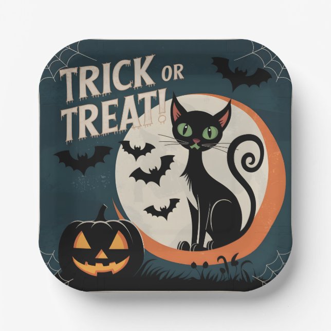 Plato De Papel Trick or treat chat noir (Anverso)