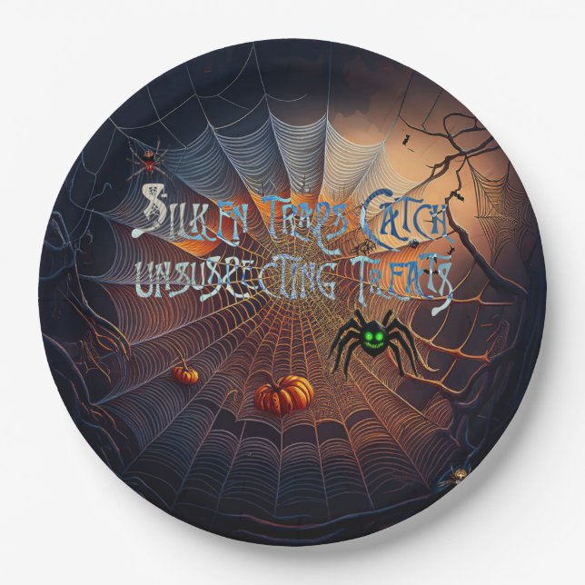 Plato De Papel Trick or Treats de telaraña de Halloween (Anverso)
