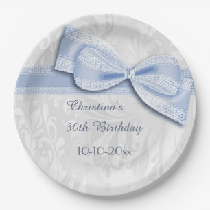 Plato De Papel trigésimo Damasco azul del cumpleaños y falso ar