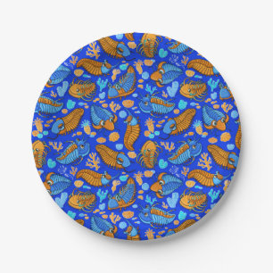 Plato De Papel Trilobites sobre fondo azul oscuro (patrón de niño